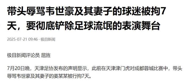 辱骂韦世豪家人球迷被拘7天天津赛区通报批评